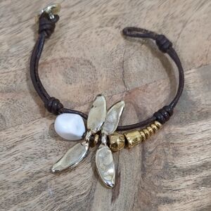 Gold and Brown Leather Bracelet with Flower Charm